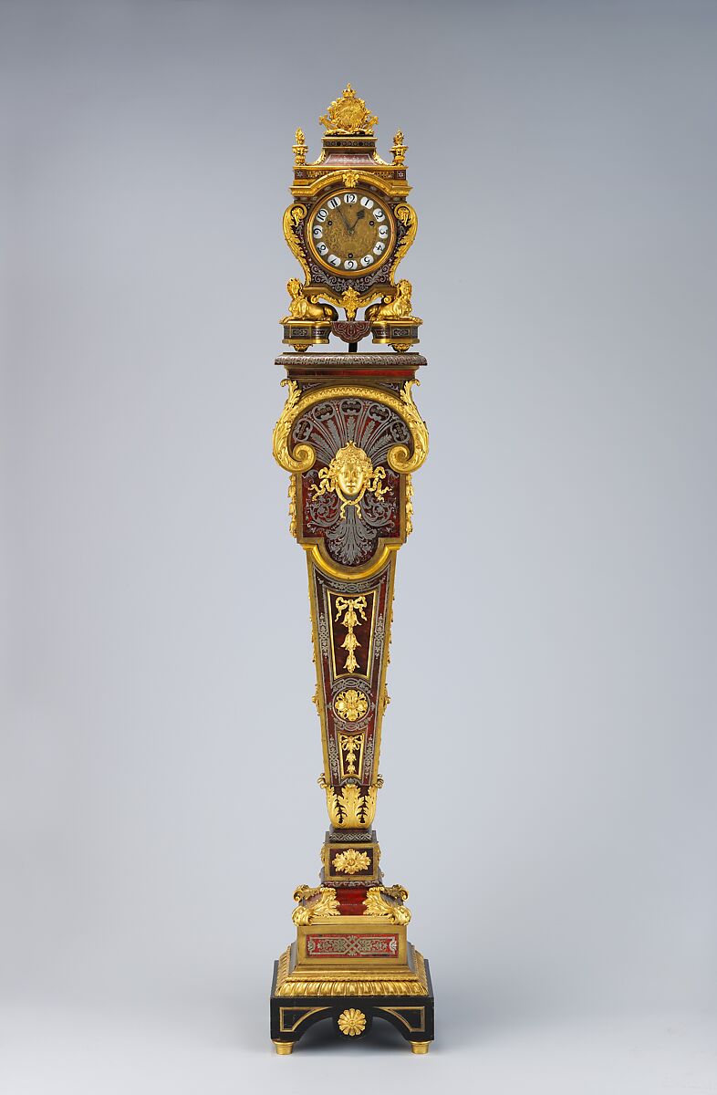 Clock with pedestal, André Charles Boulle  French, Case and pedestal of oak with marquetry of tortoiseshell, engraved brass, and pewter; gilt bronze; dial of gilt brass with white enameled Arabic numerals; movement of brass and steel, French, Paris