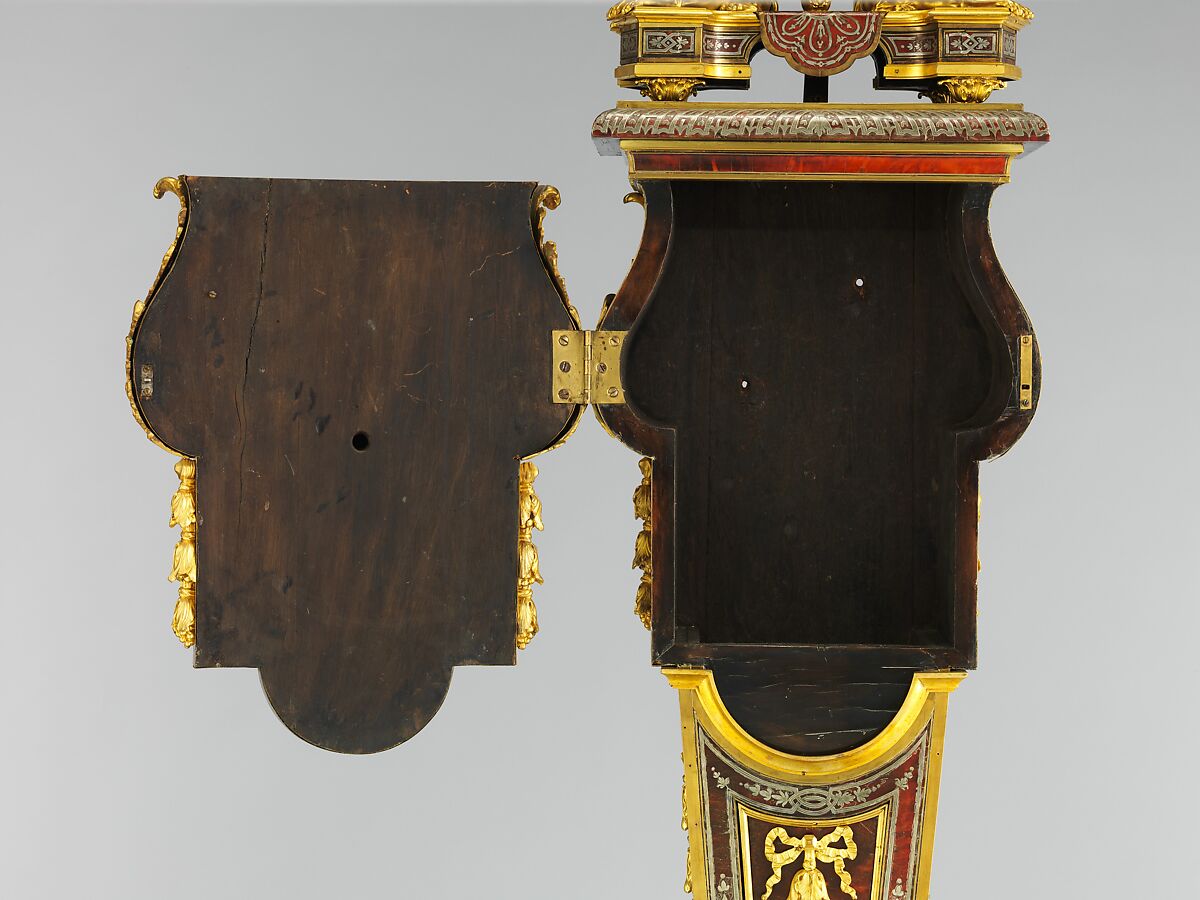 Clock with pedestal, Case attributed to André Charles Boulle (French, Paris 1642–1732 Paris), Case and pedestal of oak with marquetry of tortoiseshell, engraved brass, and pewter; gilt bronze; dial of gilt brass with white enameled Arabic numerals; movement of brass and steel, French, Paris