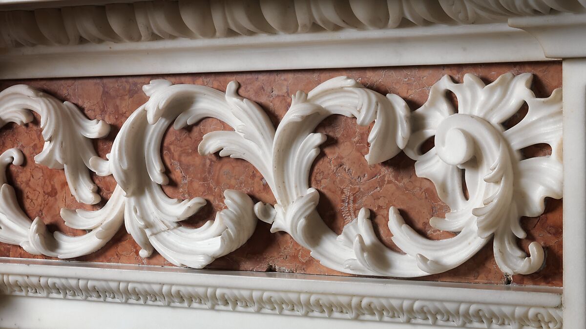 Chimneypiece from the Tapestry Room from Croome Court, Lapis lazuli tablet provided by Joseph Wilton (British, London 1722–1803 London), Marble, lapis lazuli, British