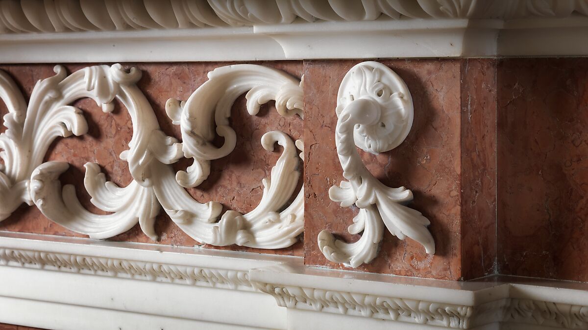 Chimneypiece from the Tapestry Room from Croome Court, Lapis lazuli tablet provided by Joseph Wilton (British, London 1722–1803 London), Marble, lapis lazuli, British