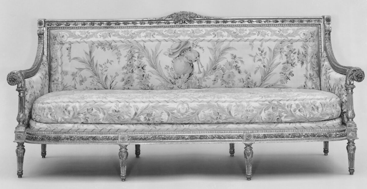 Sofa (part of a set), Embroidered upholstery in the style of Philippe de Lasalle (French, 1723–1804), Walnut, carved and gilded; embroidered satin cover, French, Paris 