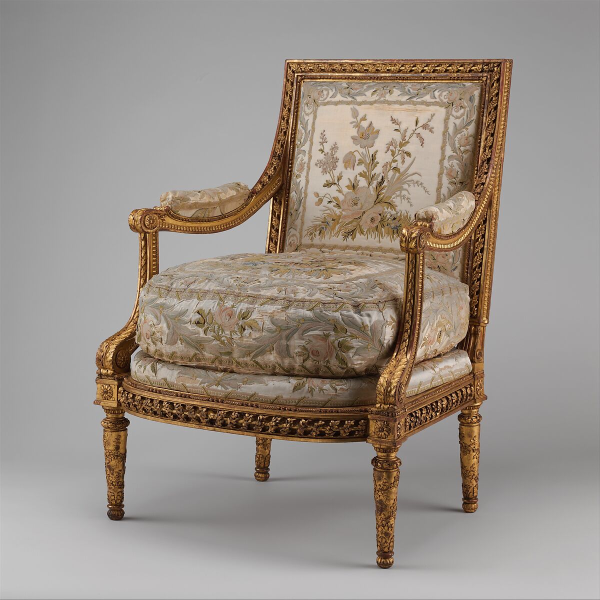 Armchair (Fauteuil à la reine) (one of a pair) (part of a set), Georges Jacob  French, Carved and gilded walnut; embroidered silk satin, French, Paris