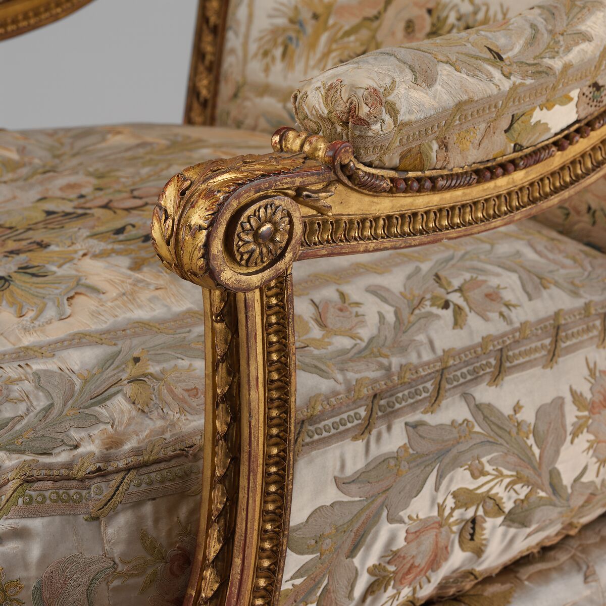 Armchair (Fauteuil à la reine) (one of a pair) (part of a set), Georges Jacob (French, Cheny 1739–1814 Paris), Carved and gilded walnut; embroidered silk satin, French, Paris