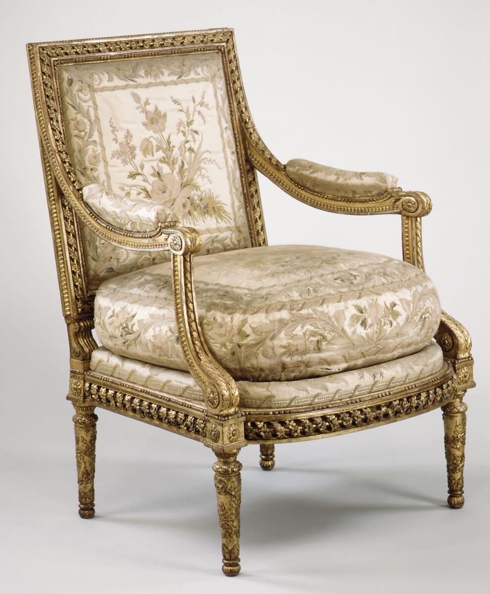 Armchair (Fauteuil à la reine) (one of a pair) (part of a set), Georges Jacob (French, Cheny 1739–1814 Paris), Carved and gilded walnut; embroidered silk satin, French, Paris 
