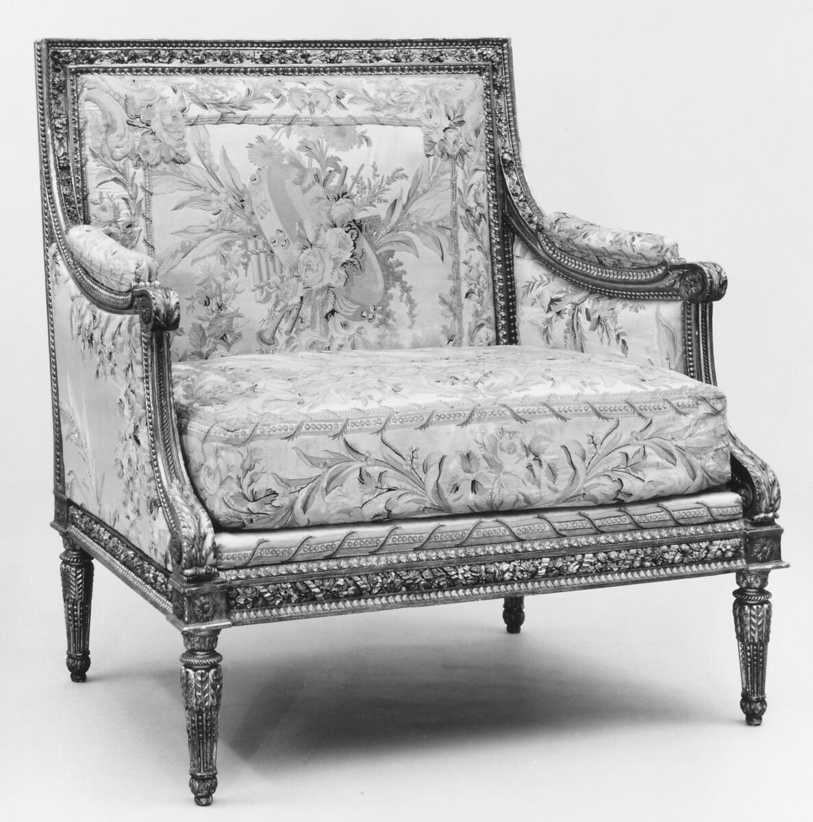 Small settee (part of a set) (part of a set), Georges Jacob (French, Cheny 1739–1814 Paris), Carved and gilded walnut; 18th-century embroidered silk-satin (not original to the frame), French, Paris 