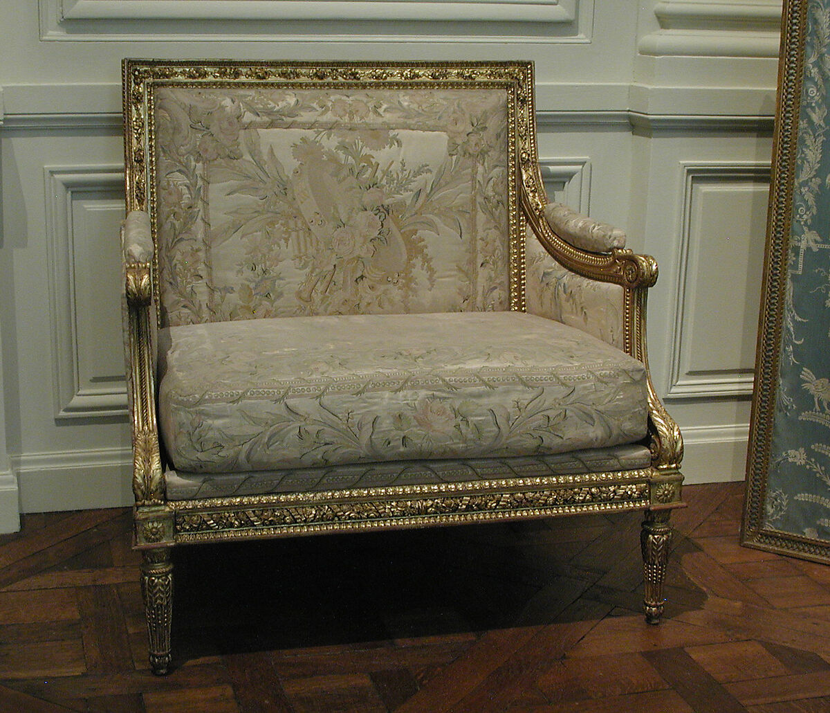 Small settee (Marquise) (part of a set), Georges Jacob (French, Cheny 1739–1814 Paris), Carved and gilded walnut; 18th-century embroidered silk-satin (not original to the frame), French, Paris