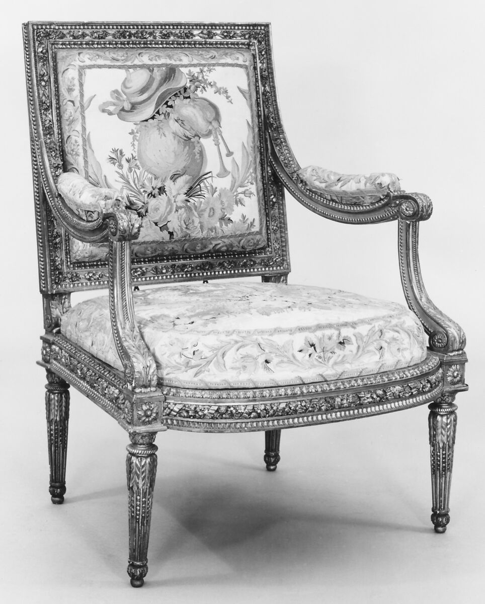 Armchair (part of a set), Georges Jacob (French, Cheny 1739–1814 Paris), Carved and gilded walnut; 18th-century embroidered silk-satin (not original to the frame), French, Paris 