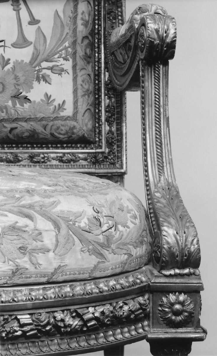 Armchair (part of a set), Georges Jacob (French, Cheny 1739–1814 Paris), Carved and gilded walnut; 18th-century embroidered silk-satin (not original to the frame), French, Paris