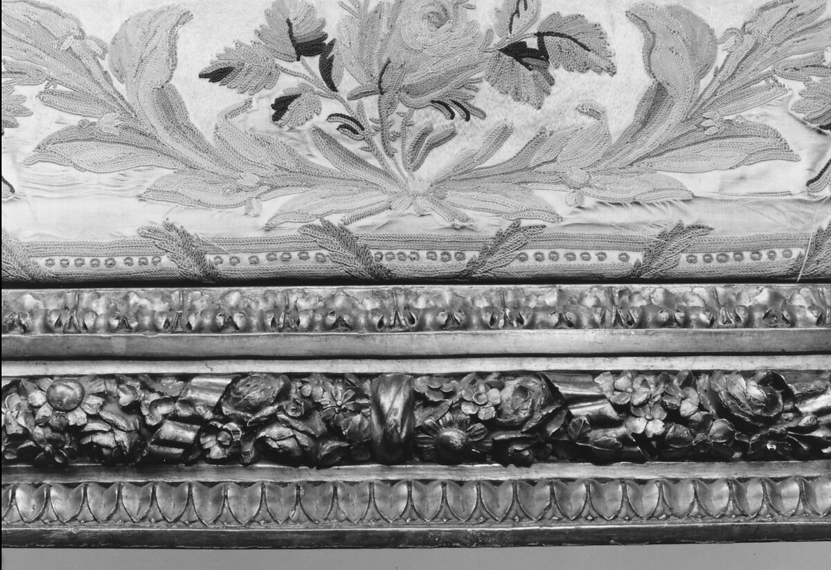 Armchair (part of a set), Georges Jacob (French, Cheny 1739–1814 Paris), Carved and gilded walnut; 18th-century embroidered silk-satin (not original to the frame), French, Paris