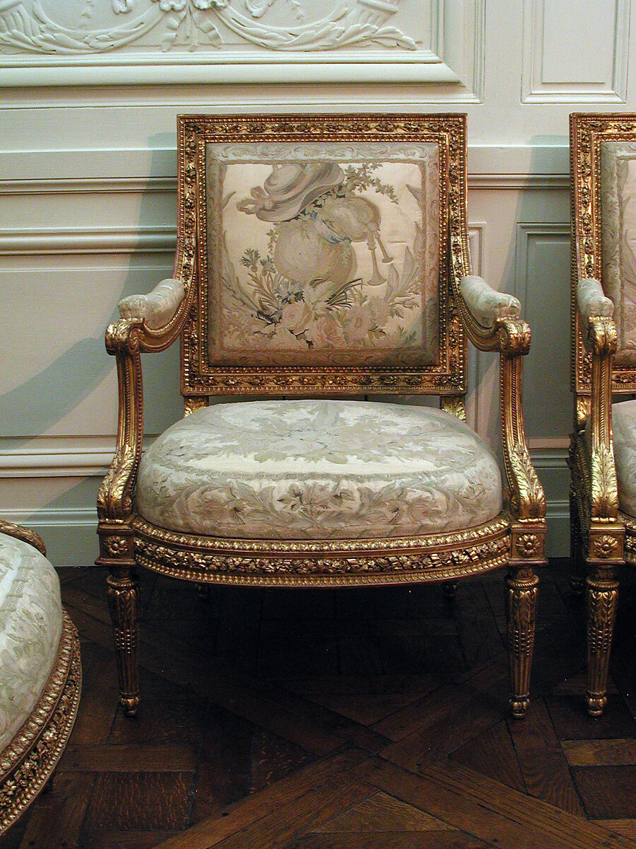 Armchair (part of a set), Georges Jacob (French, Cheny 1739–1814 Paris), Carved and gilded walnut; 18th-century embroidered silk-satin (not original to the frame), French, Paris