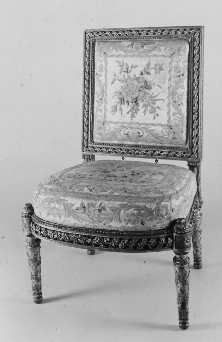 Side chair (one of a pair) (part of a set), Georges Jacob (French, Cheny 1739–1814 Paris), Carved and gilded walnut; embroidered silk-satin, French, Paris 