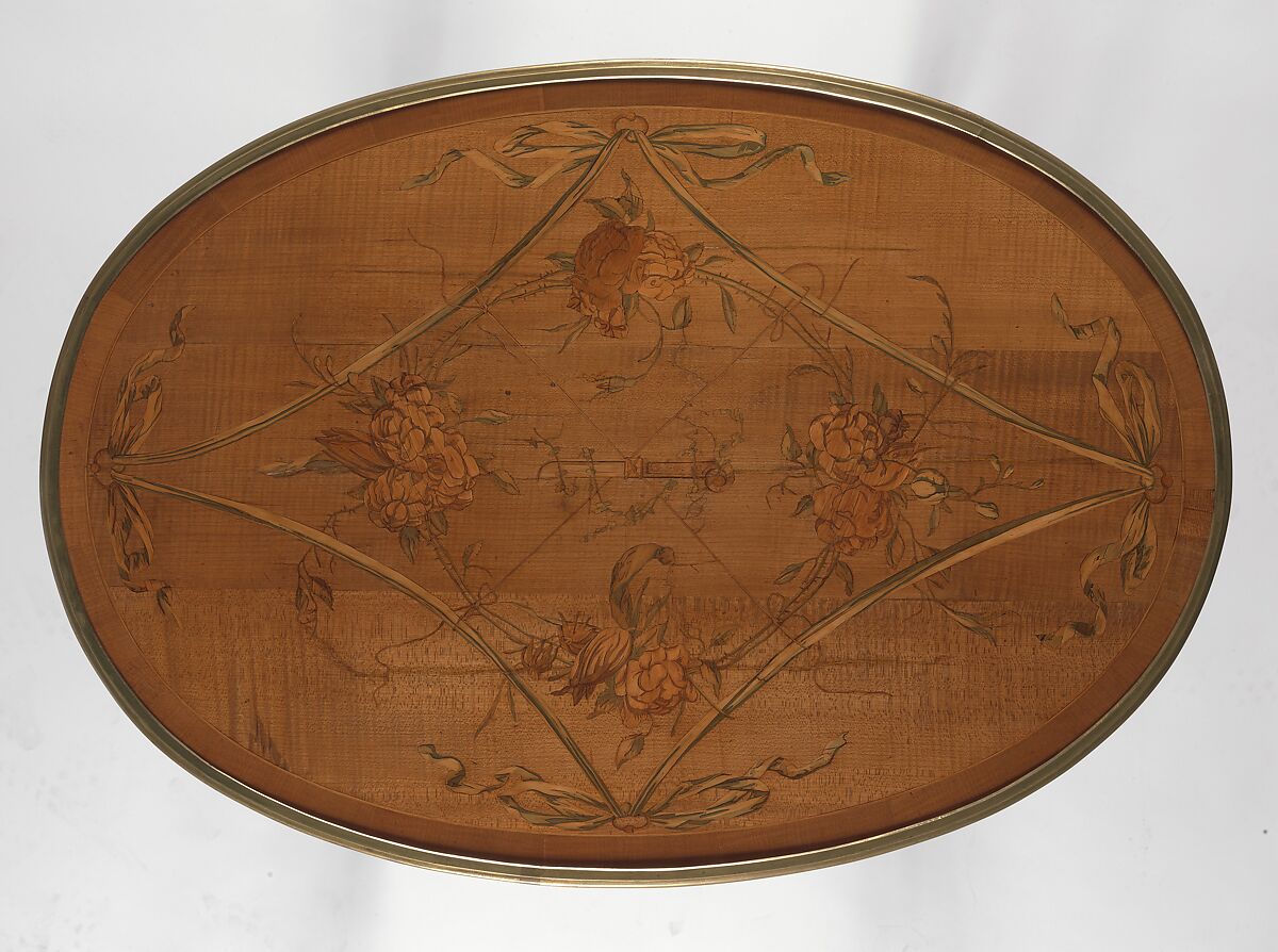 Oval table, Attributed to David Roentgen (German, Herrnhaag 1743–1807 Wiesbaden, master 1780), Oak, walnut, pine, cherry, and maple, veneered with maple, hornbeam, holly (all partially stained), cherry, mahogany, tulipwood, and other woods; gilt bronze, iron, brass, steel; partially tooled and gilded leather, German, Neuwied am Rhein