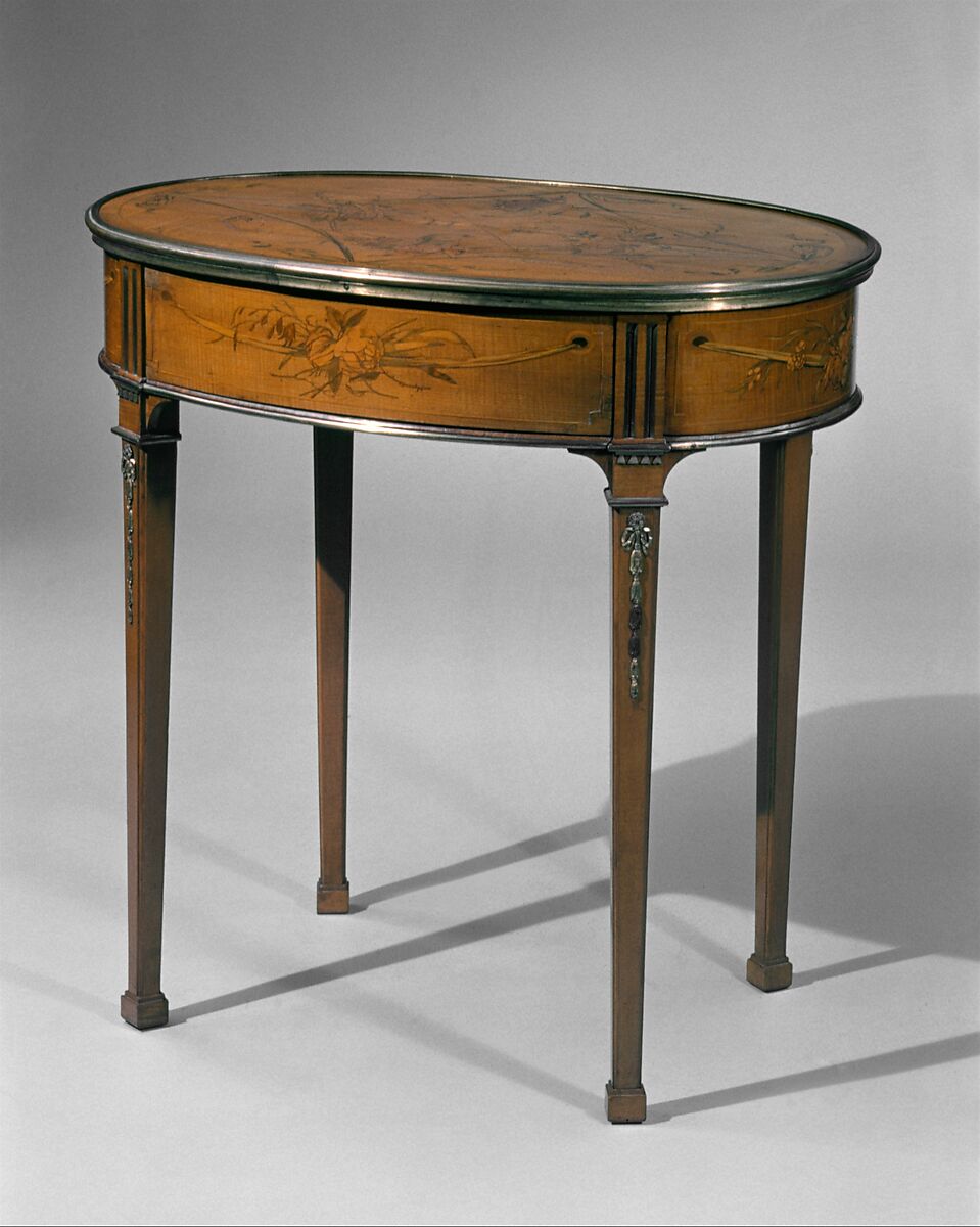 Oval table, Attributed to David Roentgen (German, Herrnhaag 1743–1807 Wiesbaden, master 1780), Oak, walnut, pine, cherry, and maple, veneered with maple, hornbeam, holly (all partially stained), cherry, mahogany, tulipwood, and other woods; gilt bronze, iron, brass, steel; partially tooled and gilded leather, German, Neuwied am Rhein 