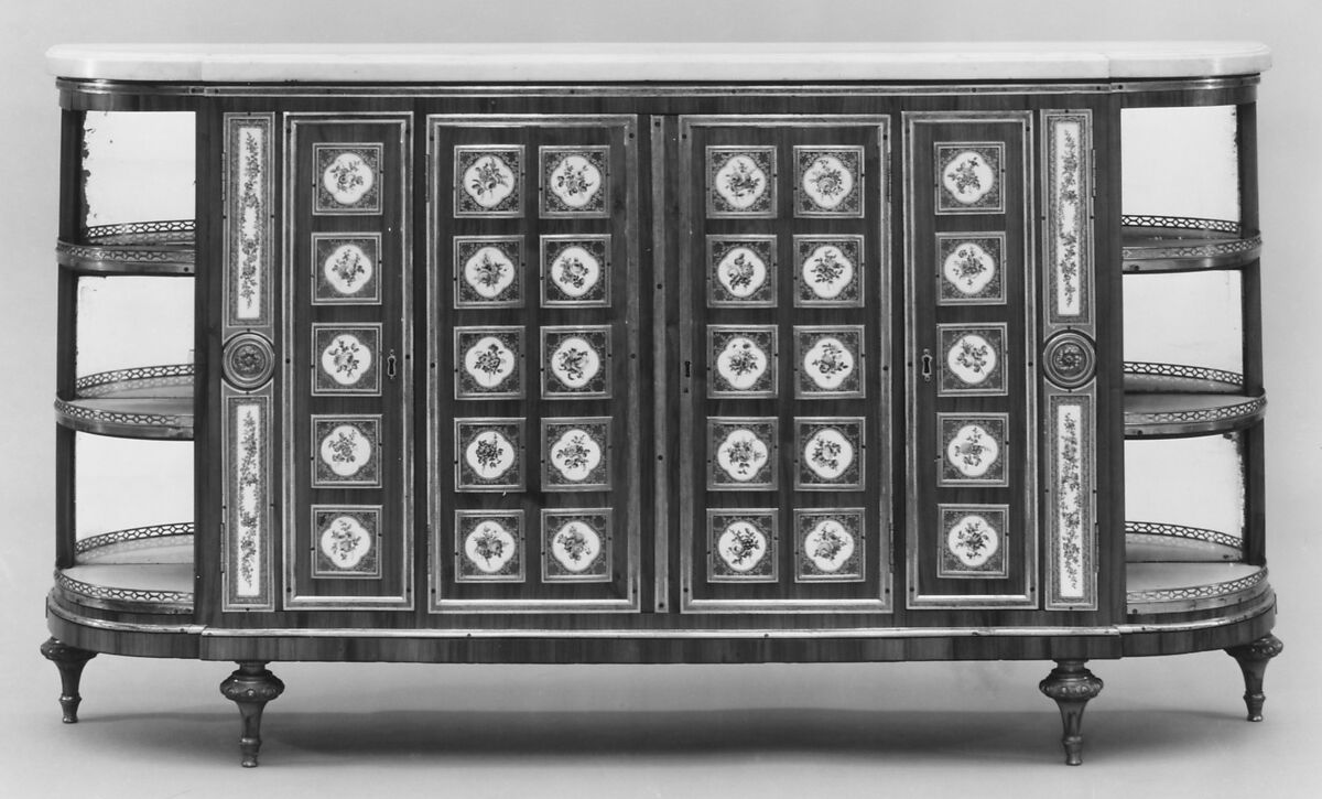 Cabinet, Porcelain plaques by Sèvres Manufactory (French, 1740–present), Oak, tulipwood, gilt bronze, soft-paste porcelain, marble, mirror glass, French, Paris and Sèvres 