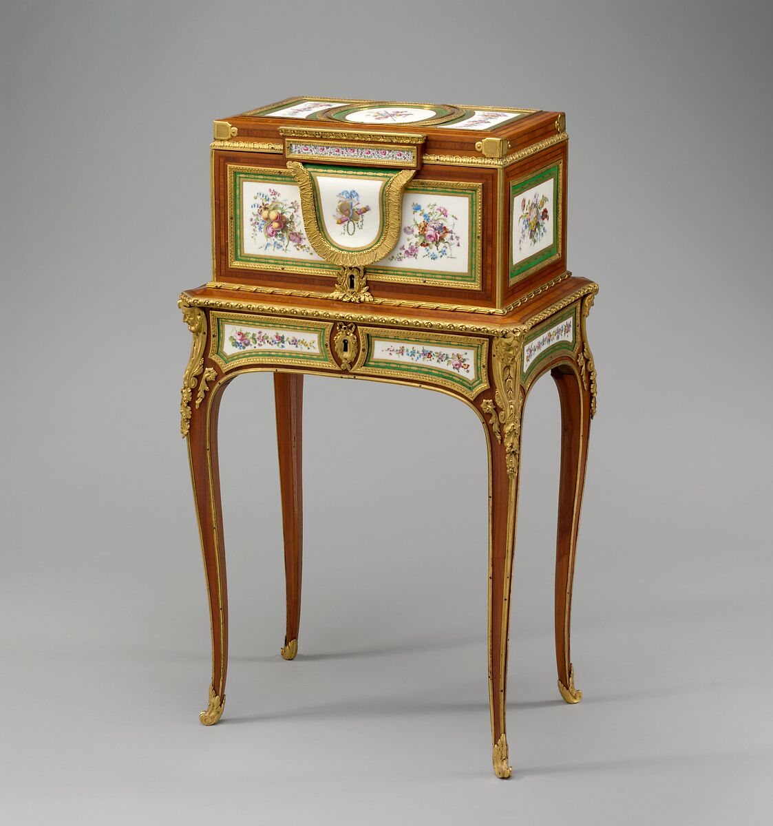 Jewel coffer on stand (petit coffre à bijoux), Martin Carlin  French, Oak veneered with tulipwood, amaranth, stained sycamore, holly, and ebonized holly; thirteen soft-paste porcelain plaques; gilt-bronze mounts; velvet (not original), French, Paris and Sèvres