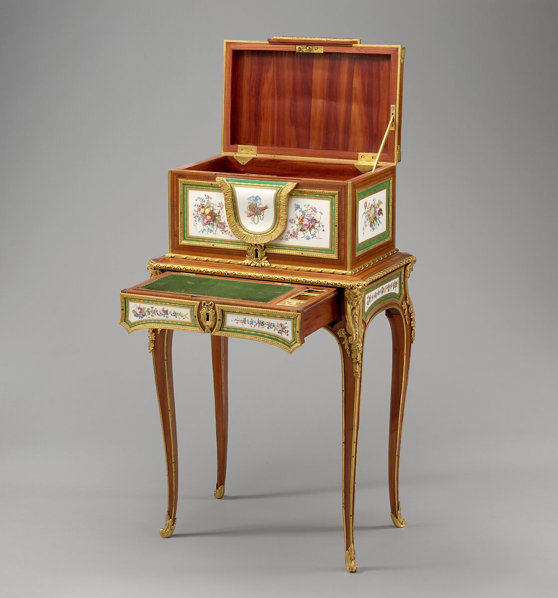 Jewel coffer on stand (petit coffre à bijoux), Coffer attributed to Martin Carlin (French, near Freiburg im Breisgau ca. 1730–1785 Paris), Oak veneered with tulipwood, amaranth, stained sycamore, holly, and ebonized holly; thirteen soft-paste porcelain plaques; gilt-bronze mounts; velvet (not original), French, Paris and Sèvres