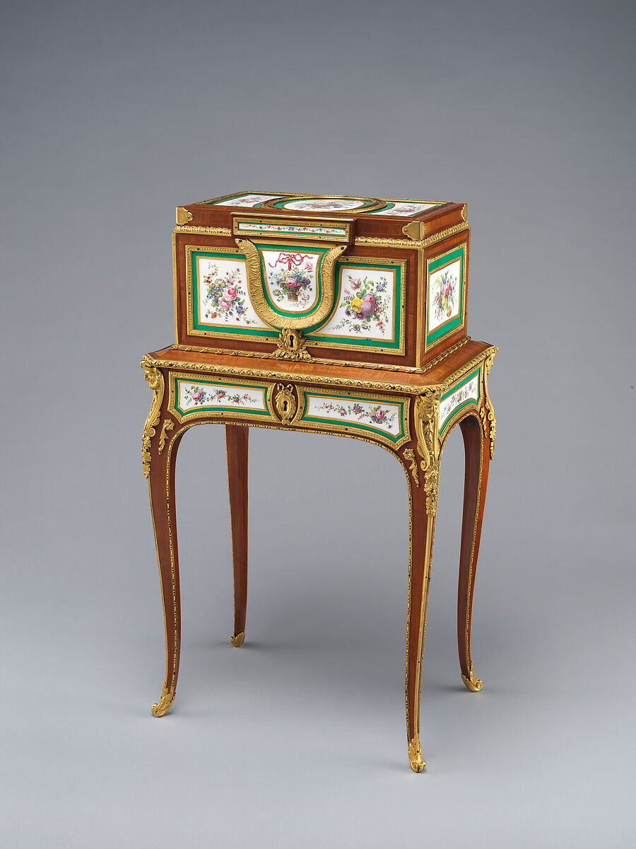 Jewel coffer on stand (petit coffre à bijoux), Coffer attributed to Martin Carlin (French, near Freiburg im Breisgau ca. 1730–1785 Paris), Oak veneered with tulipwood, sycamore, holly, and ebonized holly; thirteen soft-paste porcelain plaques; gilt-bronze mounts; velvet (not original), French, Paris and Sèvres 