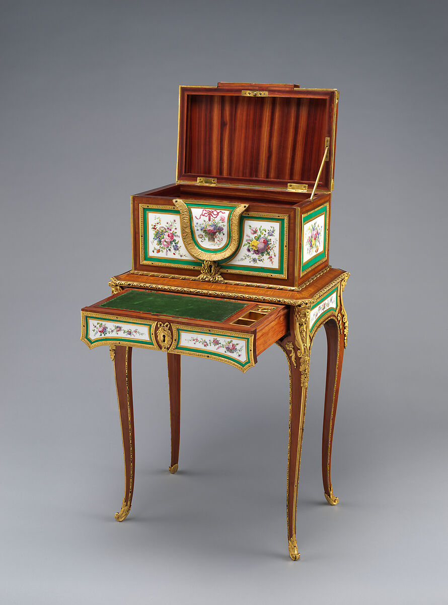 Jewel coffer on stand (petit coffre à bijoux), Coffer attributed to Martin Carlin (French, near Freiburg im Breisgau ca. 1730–1785 Paris), Oak veneered with tulipwood, sycamore, holly, and ebonized holly; thirteen soft-paste porcelain plaques; gilt-bronze mounts; velvet (not original), French, Paris and Sèvres