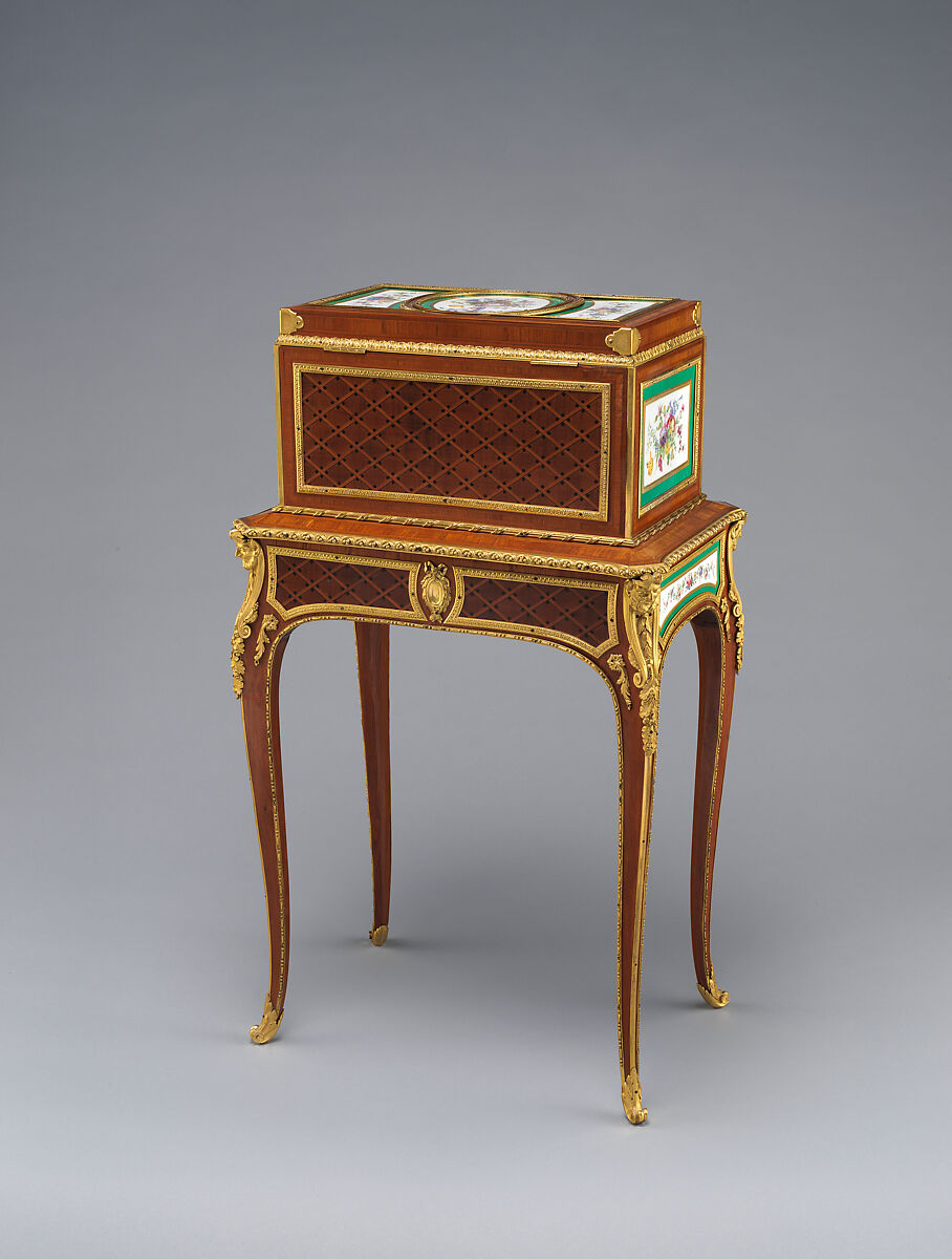 Jewel coffer on stand (petit coffre à bijoux), Coffer attributed to Martin Carlin (French, near Freiburg im Breisgau ca. 1730–1785 Paris), Oak veneered with tulipwood, sycamore, holly, and ebonized holly; thirteen soft-paste porcelain plaques; gilt-bronze mounts; velvet (not original), French, Paris and Sèvres