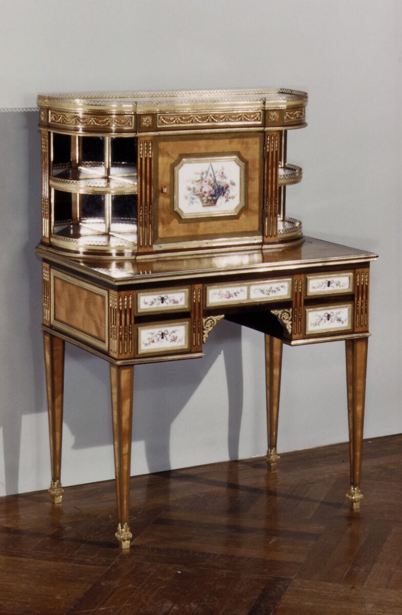 Desk, Porcelain plaques by Sèvres Manufactory (French, 1740–present), Oak, pine, satinwood, tulipwood, green-stained wood, purplewood, marble, soft-paste porcelain, possibly British with French, Sèvres porcelain 