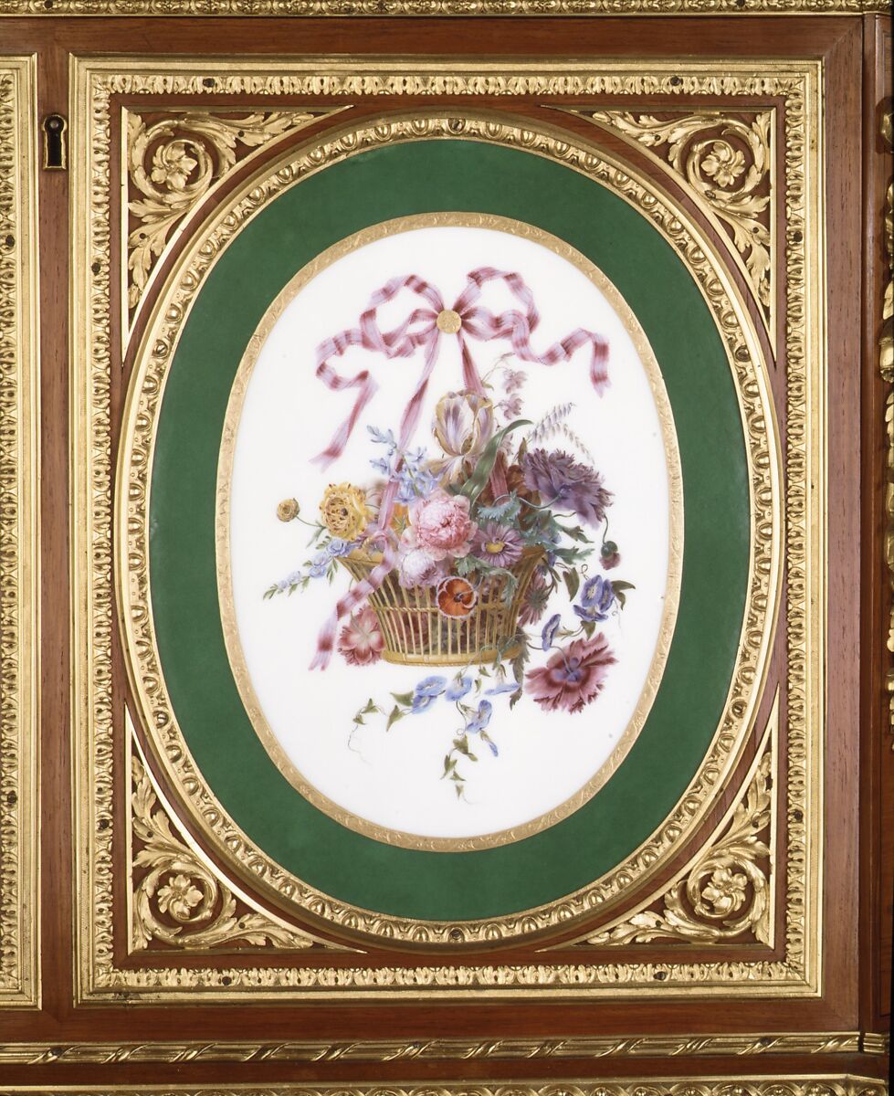 Drop-front desk (secrétaire à abattant or secrétaire en cabinet), Martin Carlin (French, near Freiburg im Breisgau ca. 1730–1785 Paris), Oak veneered with tulipwood, amaranth, holly, and ebonized holly; ten soft-paste porcelain plaques; gilt-bronze mounts; marble; velvet (not original), French, Paris and Sèvres