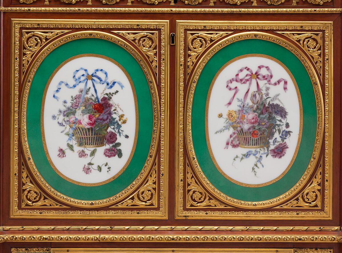 Drop-front desk (secrétaire à abattant or secrétaire en cabinet), Martin Carlin (French, near Freiburg im Breisgau ca. 1730–1785 Paris), Oak veneered with tulipwood, amaranth, holly, and ebonized holly; ten soft-paste porcelain plaques; gilt-bronze mounts; marble; velvet (not original), French, Paris and Sèvres