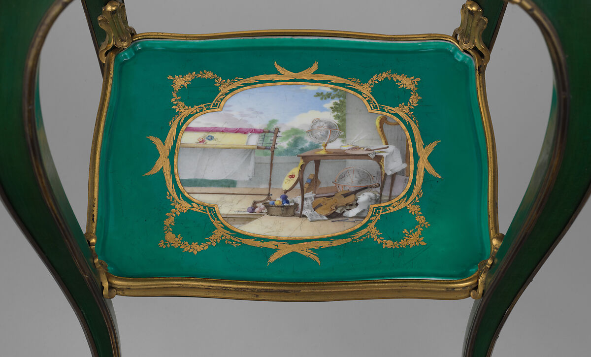 Eating and work table (one of a pair), Table attributed to Bernard II van Risenburgh (ca. 1696–ca. 1767), Oak, vernis Martin, soft-paste porcelain, gilt bronze, French, Paris and Sèvres