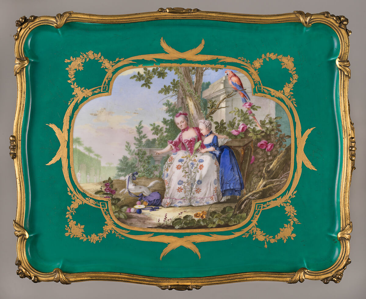 Eating and work table (one of a pair), Table attributed to Bernard II van Risenburgh (ca. 1696–ca. 1767), Oak, vernis Martin, soft-paste porcelain, gilt bronze, French, Paris and Sèvres