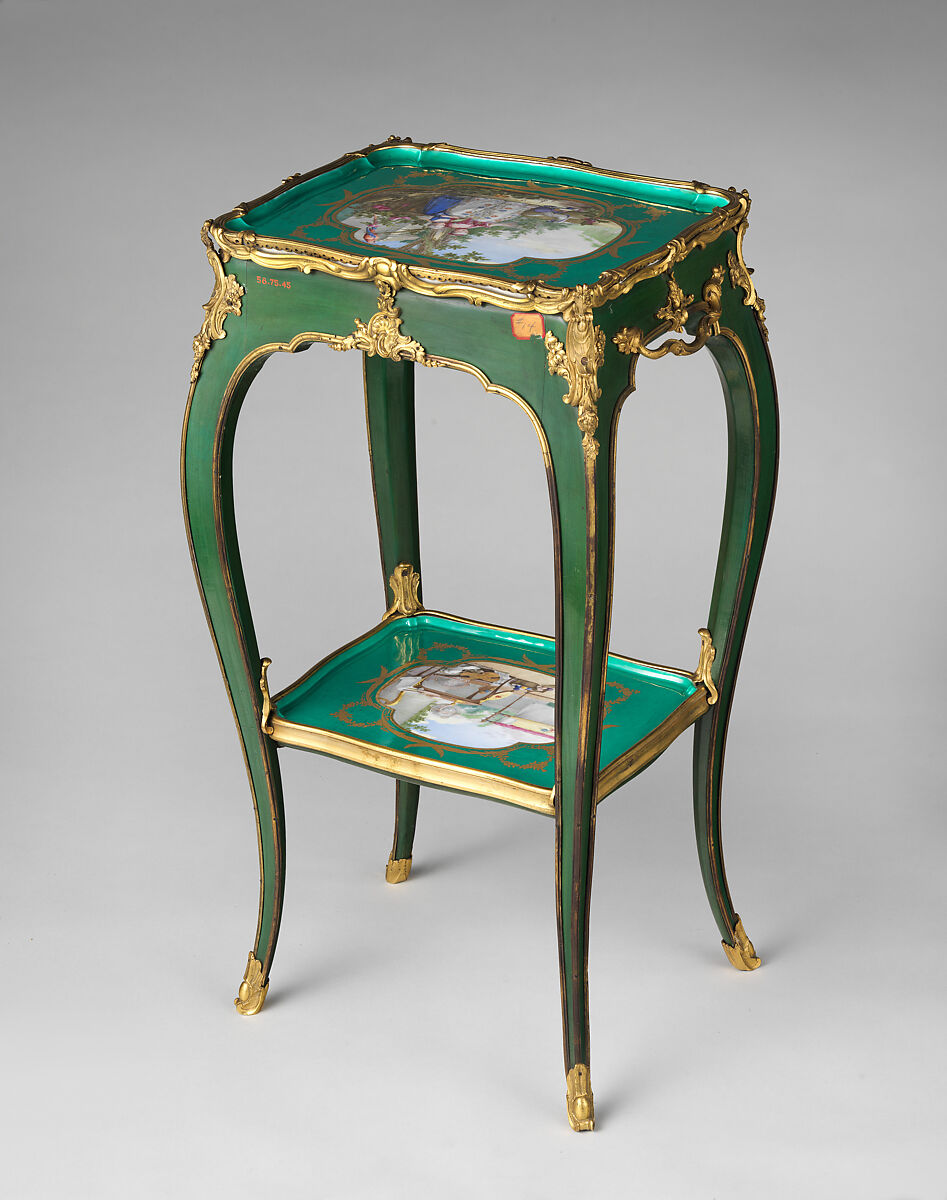 Eating and work table (one of a pair), Table attributed to Bernard II van Risenburgh (ca. 1696–ca. 1767), Oak, vernis Martin, soft-paste porcelain, gilt bronze, French, Paris and Sèvres