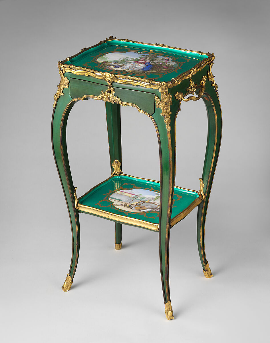 Eating and work table (one of a pair), Table attributed to Bernard II van Risenburgh (ca. 1696–ca. 1767), Oak, vernis Martin, soft-paste porcelain, gilt bronze, French, Paris and Sèvres 