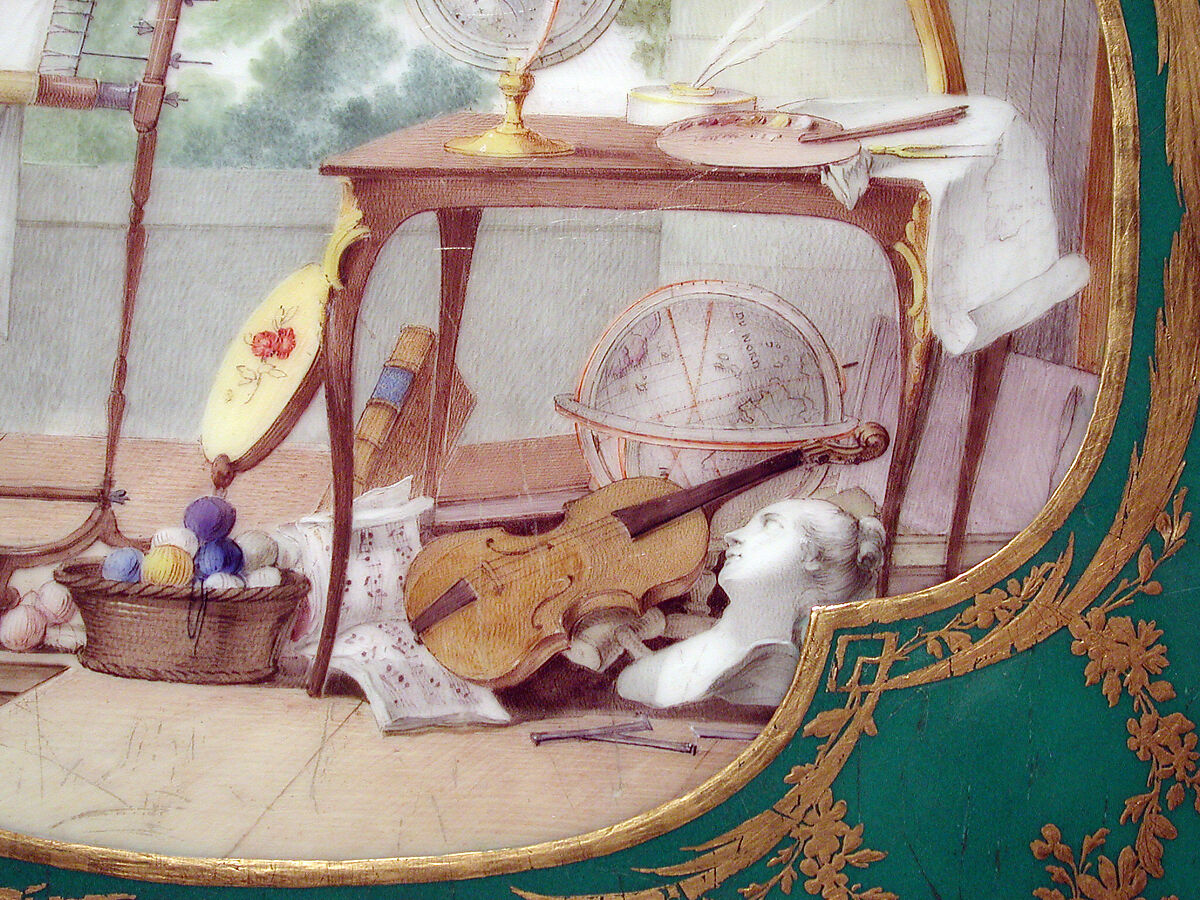 Eating and work table (one of a pair), Table attributed to Bernard II van Risenburgh (ca. 1696–ca. 1767), Oak, vernis Martin, soft-paste porcelain, gilt bronze, French, Paris and Sèvres