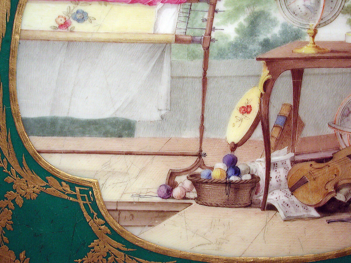 Eating and work table (one of a pair), Table attributed to Bernard II van Risenburgh (ca. 1696–ca. 1767), Oak, vernis Martin, soft-paste porcelain, gilt bronze, French, Paris and Sèvres