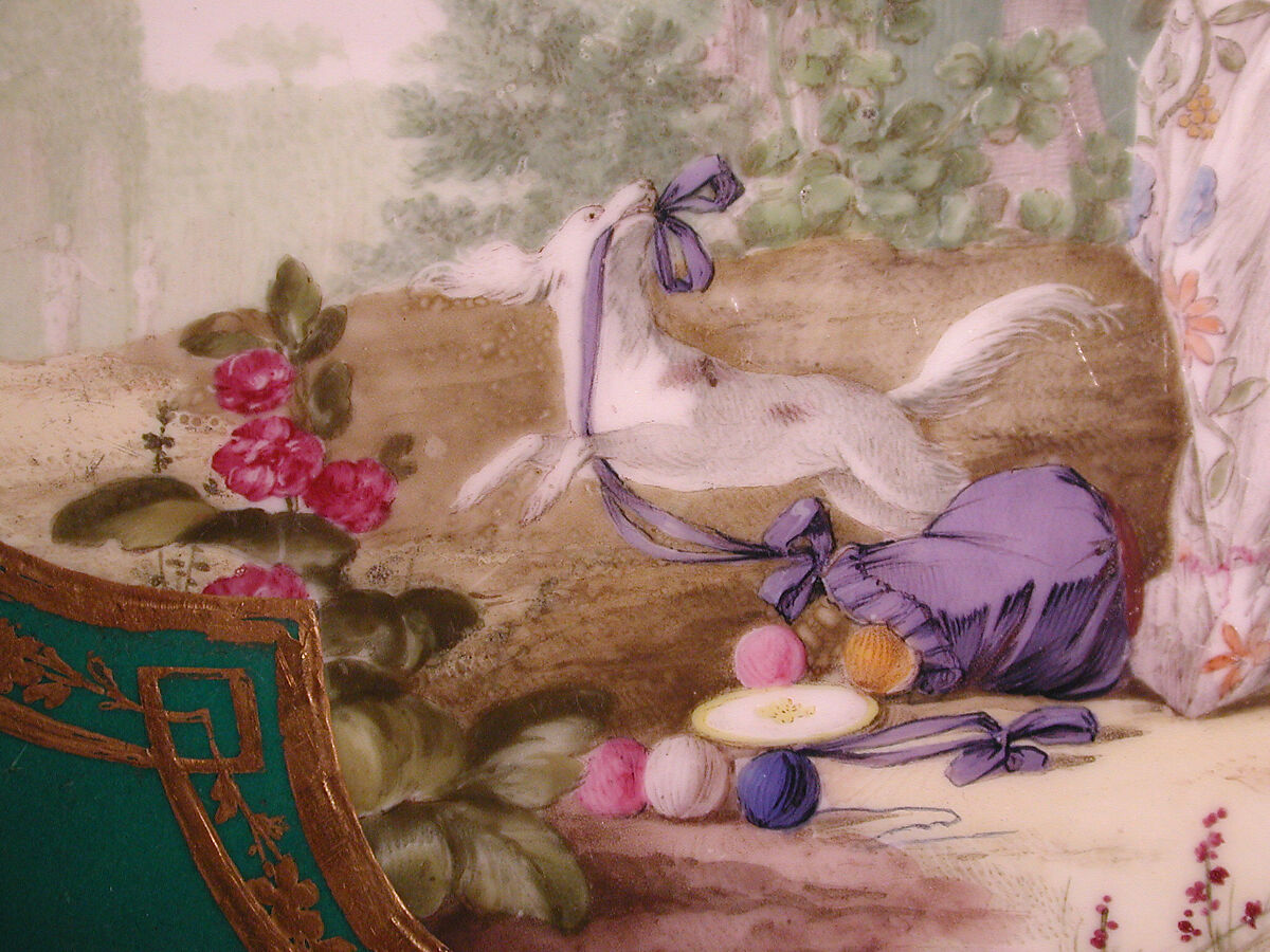 Eating and work table (one of a pair), Table attributed to Bernard II van Risenburgh (ca. 1696–ca. 1767), Oak, vernis Martin, soft-paste porcelain, gilt bronze, French, Paris and Sèvres