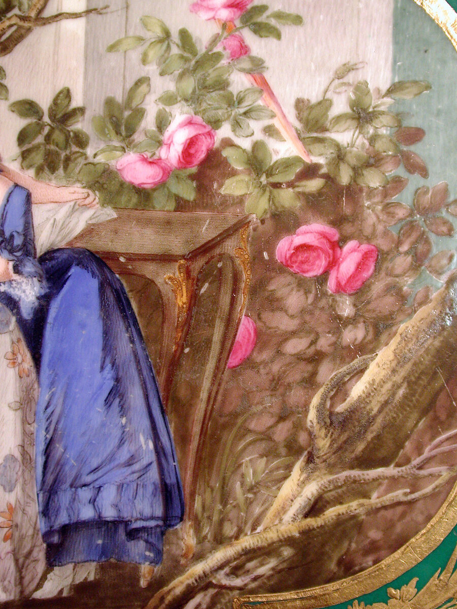 Eating and work table (one of a pair), Table attributed to Bernard II van Risenburgh (ca. 1696–ca. 1767), Oak, vernis Martin, soft-paste porcelain, gilt bronze, French, Paris and Sèvres