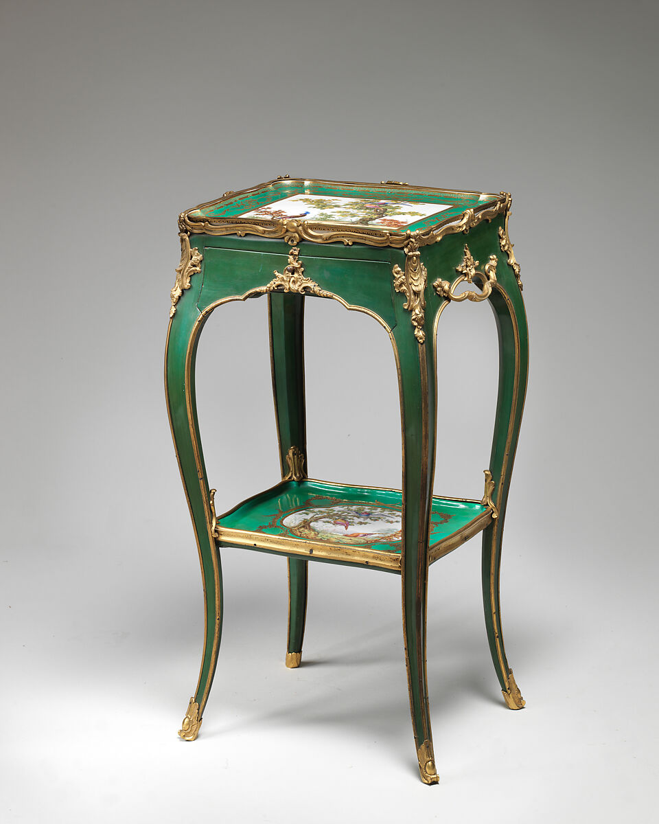 Eating and work table (one of a pair), Table attributed to Bernard II van Risenburgh (ca. 1696–ca. 1767), Oak, vernis Martin, gilt bronze, soft-paste porcelain, French, Paris and Sèvres and British, Stoke-upon-Trent 