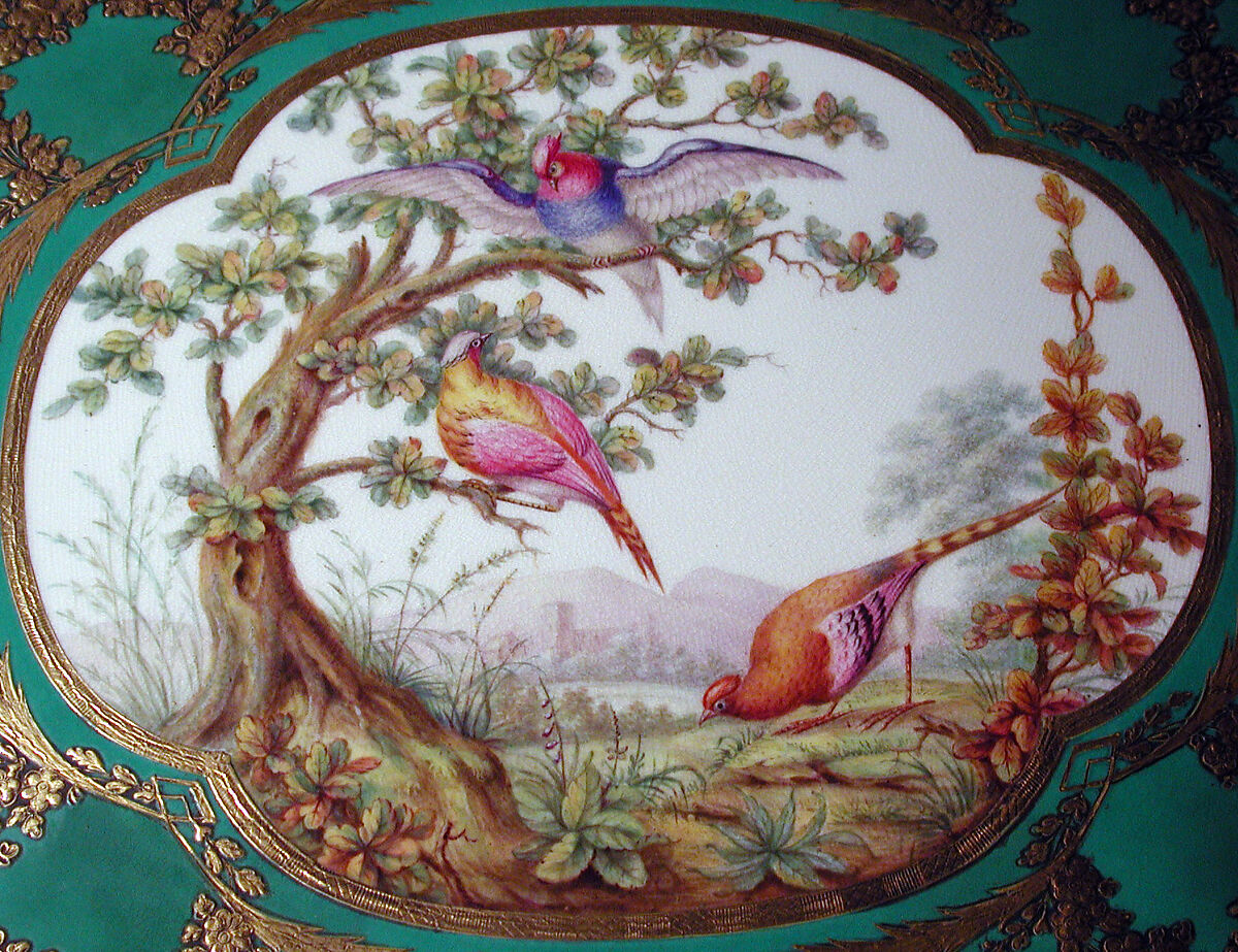 Eating and work table (one of a pair), Table attributed to Bernard II van Risenburgh (ca. 1696–ca. 1767), Oak, vernis Martin, gilt bronze, soft-paste porcelain, French, Paris and Sèvres and British, Stoke-upon-Trent