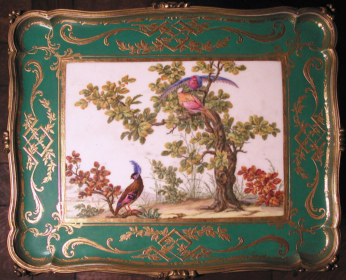 Eating and work table (one of a pair), Table attributed to Bernard II van Risenburgh (ca. 1696–ca. 1767), Oak, vernis Martin, gilt bronze, soft-paste porcelain, French, Paris and Sèvres and British, Stoke-upon-Trent