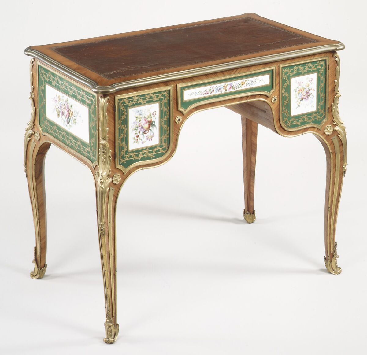 Desk, Joseph Baumhauer (French, active ca. 1749–72), Oak, tulipwood, gilt bronze, soft-paste porcelain, leather, silk, French, Paris and Sèvres 