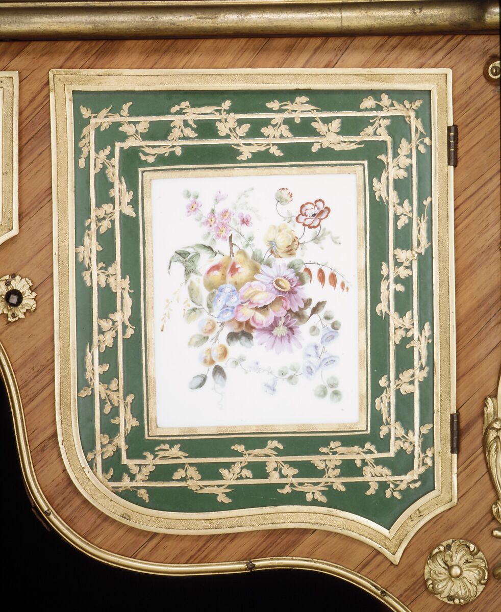 Desk, Joseph Baumhauer (French, active ca. 1749–72), Oak, tulipwood, gilt bronze, soft-paste porcelain, leather, silk, French, Paris and Sèvres