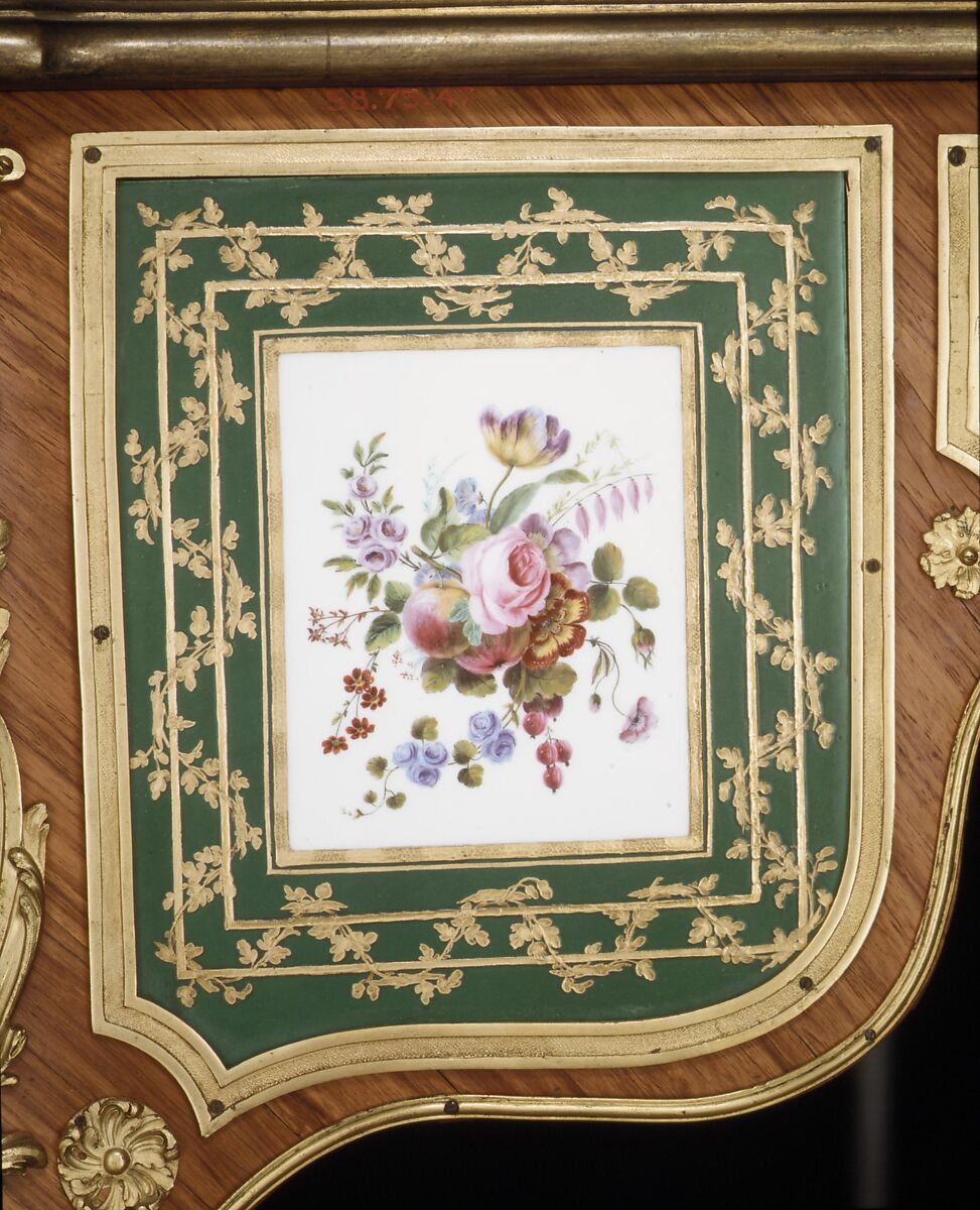 Desk, Joseph Baumhauer (French, active ca. 1749–72), Oak, tulipwood, gilt bronze, soft-paste porcelain, leather, silk, French, Paris and Sèvres