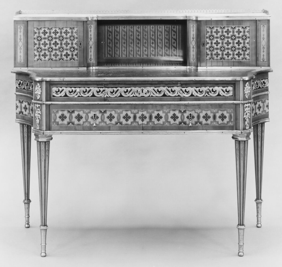 Desk, Attributed to Mathieu-Guillaume Cramer (maître 1771), Oak, pine, satin-woods, gilt bronze, marble, French, Paris