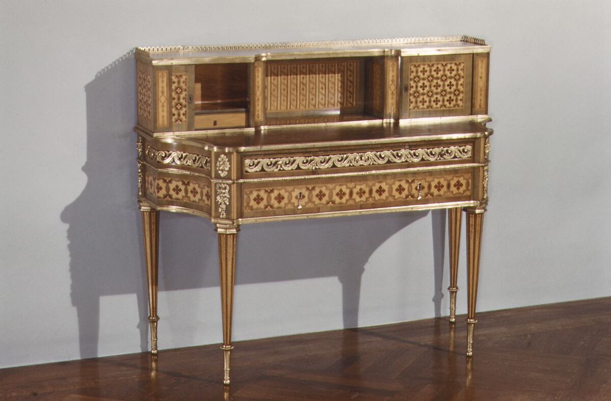 Desk, Attributed to Mathieu-Guillaume Cramer (maître 1771), Oak, pine, satin-woods, gilt bronze, marble, French, Paris 