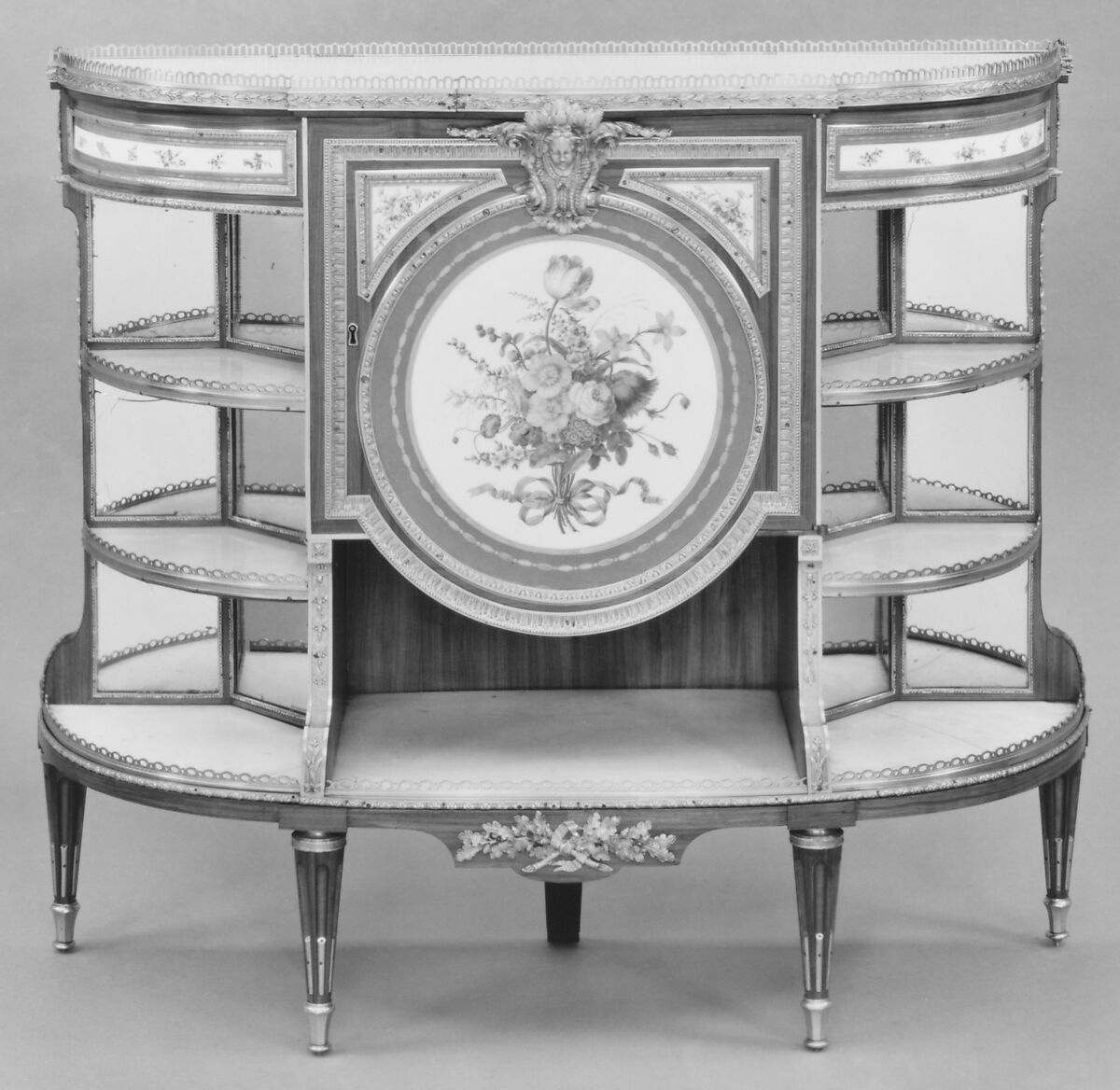 Cabinet, Martin Carlin (French, near Freiburg im Breisgau ca. 1730–1785 Paris), Oak veneered with tulipwood and amaranth, holly, and ebonized holly; gilt bronze, soft-paste porcelain, marble, mirror glass, silk, French, Paris and Sèvres