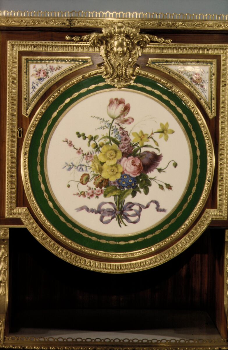 Cabinet, Martin Carlin (French, near Freiburg im Breisgau ca. 1730–1785 Paris), Oak veneered with tulipwood and amaranth, holly, and ebonized holly; gilt bronze, soft-paste porcelain, marble, mirror glass, silk, French, Paris and Sèvres