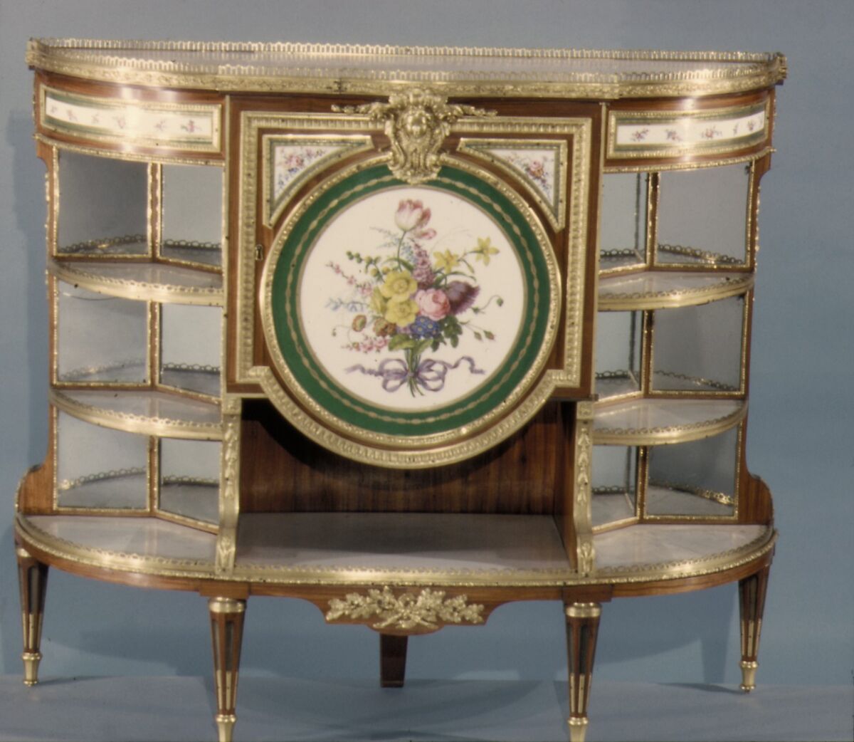 Cabinet, Martin Carlin  French, Oak veneered with tulipwood and amaranth, holly, and ebonized holly; gilt bronze, soft-paste porcelain, marble, mirror glass, silk, French, Paris and Sèvres