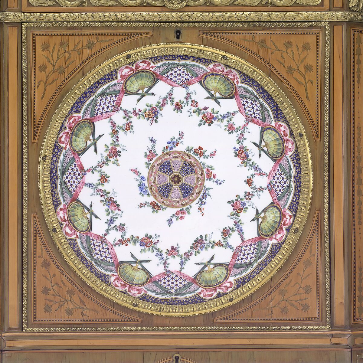 Drop-front desk (secrétaire à abattant or secrétaire en cabinet), Attributed to Roger Vandercruse, called Lacroix (French, 1727–1799), Oak veneered with satin-wood, green and black-stained wood; gilt bronze, marble, soft-paste porcelain, silk, French, Paris and Sèvres