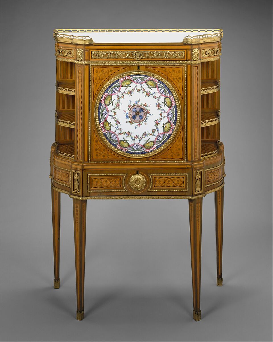 Drop-front desk (secrétaire à abattant or secrétaire en cabinet), Attributed to Roger Vandercruse, called Lacroix (French, 1727–1799), Oak veneered with satin-wood, green and black-stained wood; gilt bronze, marble, soft-paste porcelain, silk, French, Paris and Sèvres 