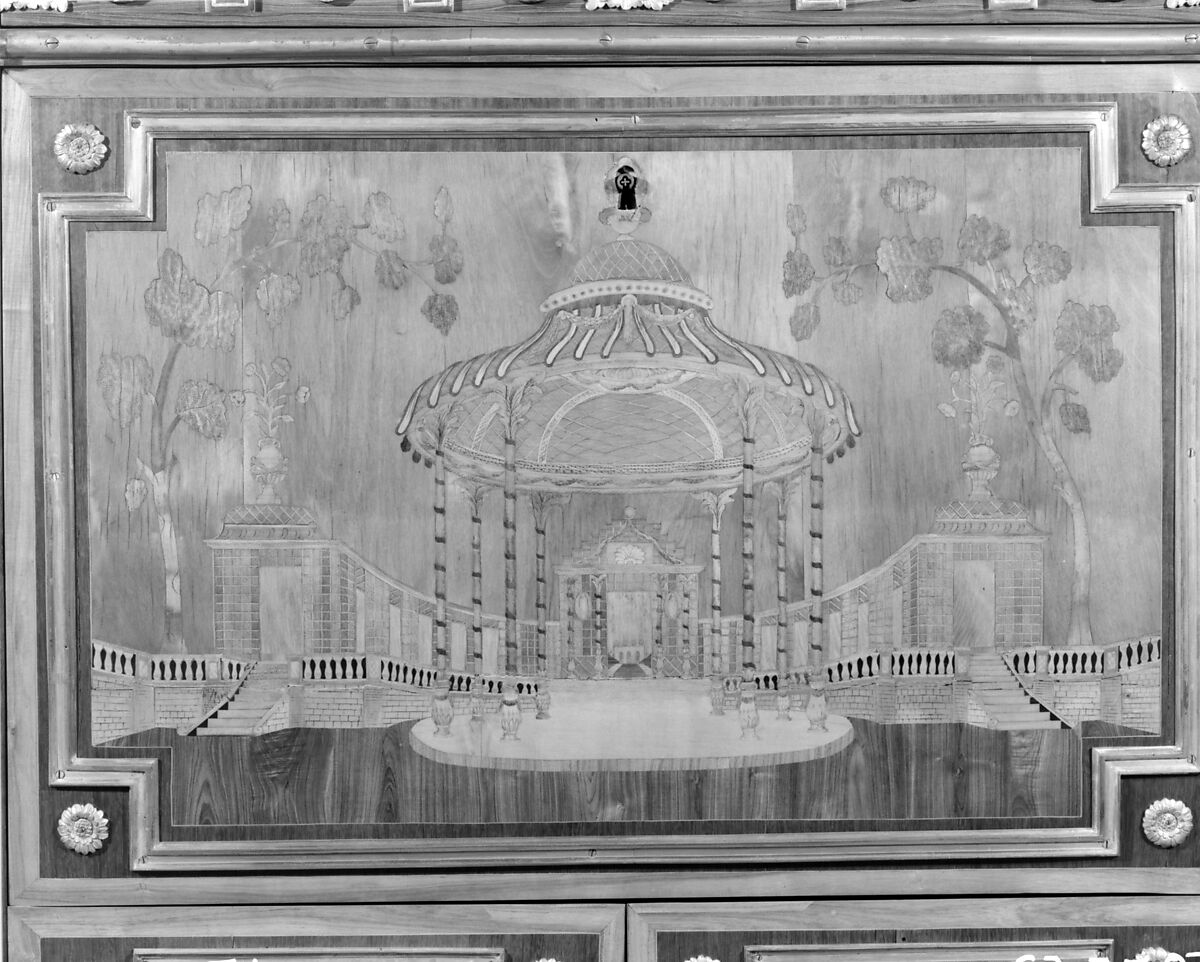 Upright secretary, Pierre I Roussel (1723–1782), Oak, pine, king-wood, satin-wood, holly, stained woods, satiné, purple-wood, tulipwood, sycamore, gilt bronze, marble, French, Paris