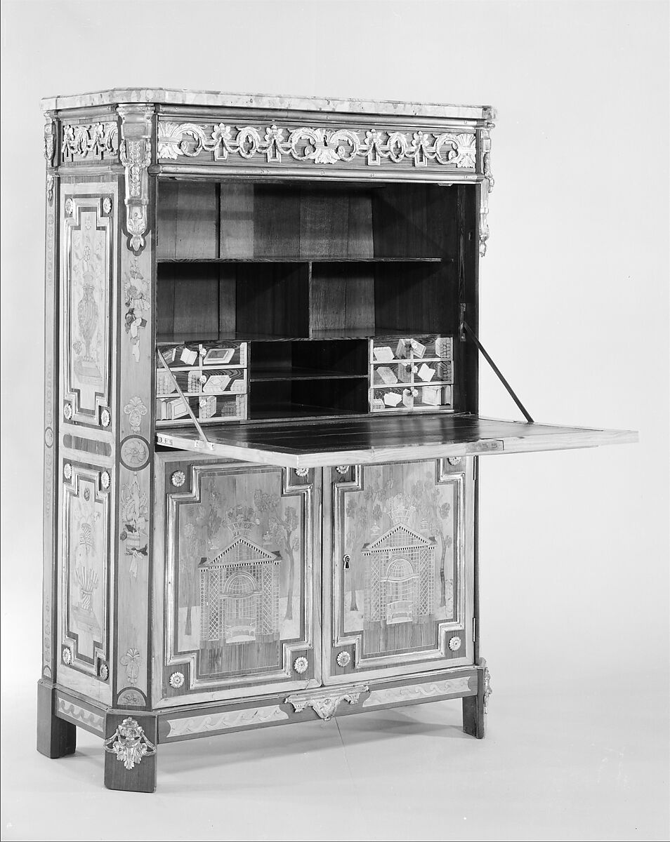 Upright secretary, Pierre I Roussel (1723–1782), Oak, pine, king-wood, satin-wood, holly, stained woods, satiné, purple-wood, tulipwood, sycamore, gilt bronze, marble, French, Paris