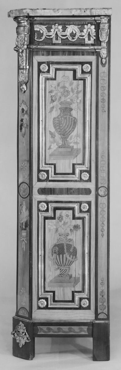 Upright secretary, Pierre I Roussel (1723–1782), Oak, pine, king-wood, satin-wood, holly, stained woods, satiné, purple-wood, tulipwood, sycamore, gilt bronze, marble, French, Paris